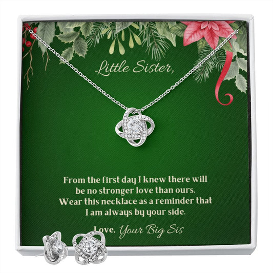 To My Little Sister - Christmas Love Knot Earring & Necklace Set (Green)