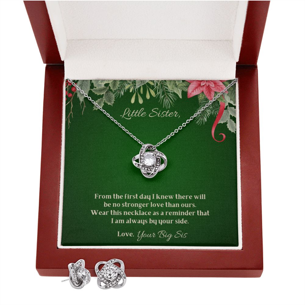 To My Little Sister - Christmas Love Knot Earring & Necklace Set (Green)