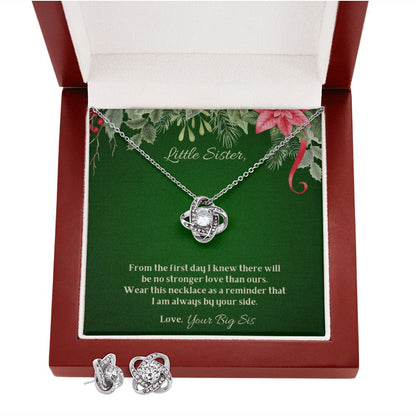 To My Little Sister - Christmas Love Knot Earring & Necklace Set (Green)