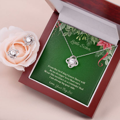 To My Little Sister - Christmas Love Knot Earring & Necklace Set (Green)