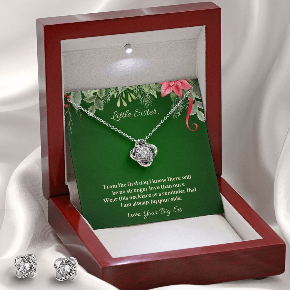 To My Little Sister - Christmas Love Knot Earring & Necklace Set (Green)